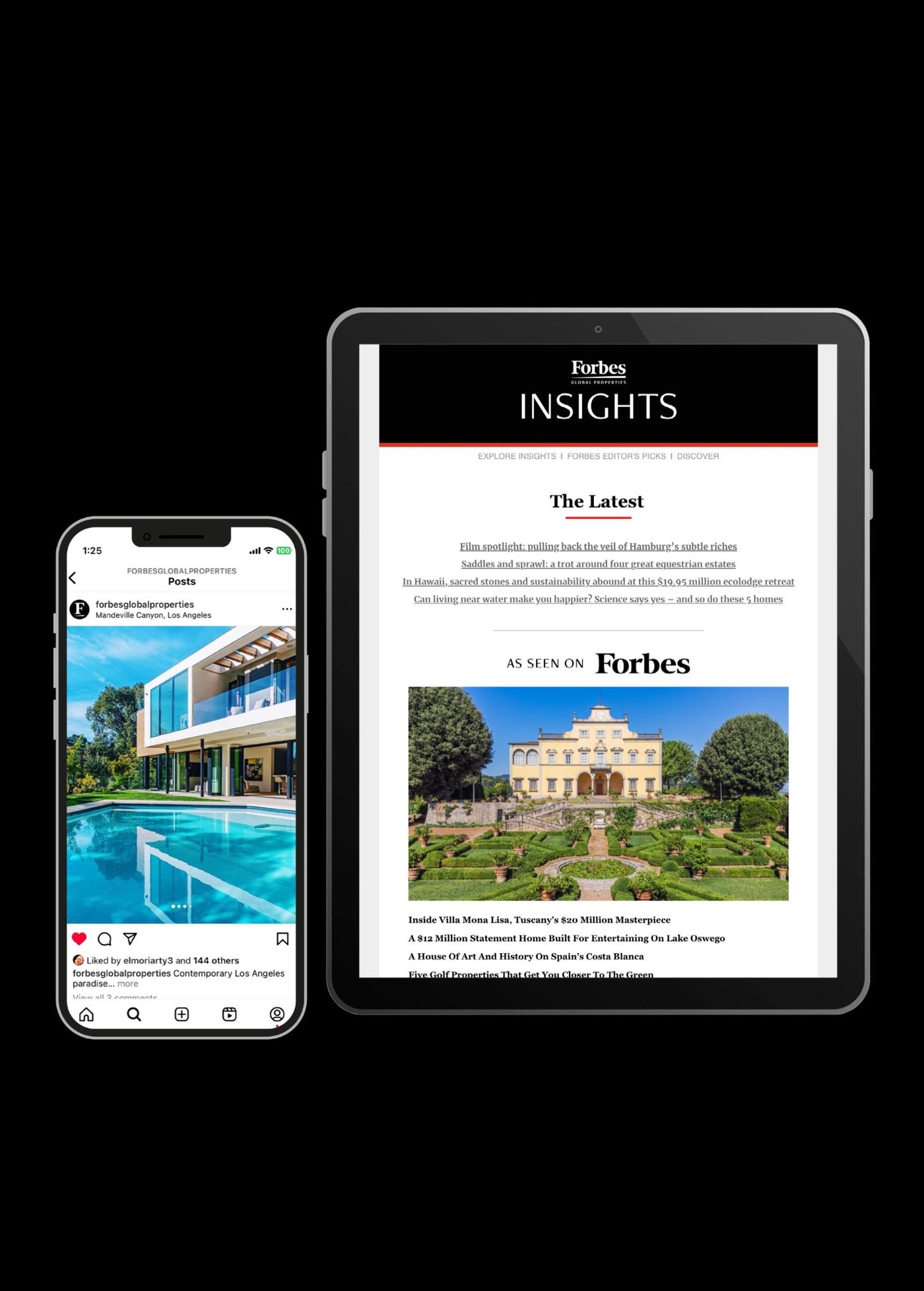 A listing featured across Instagram and Forbes Global Properties Insights
