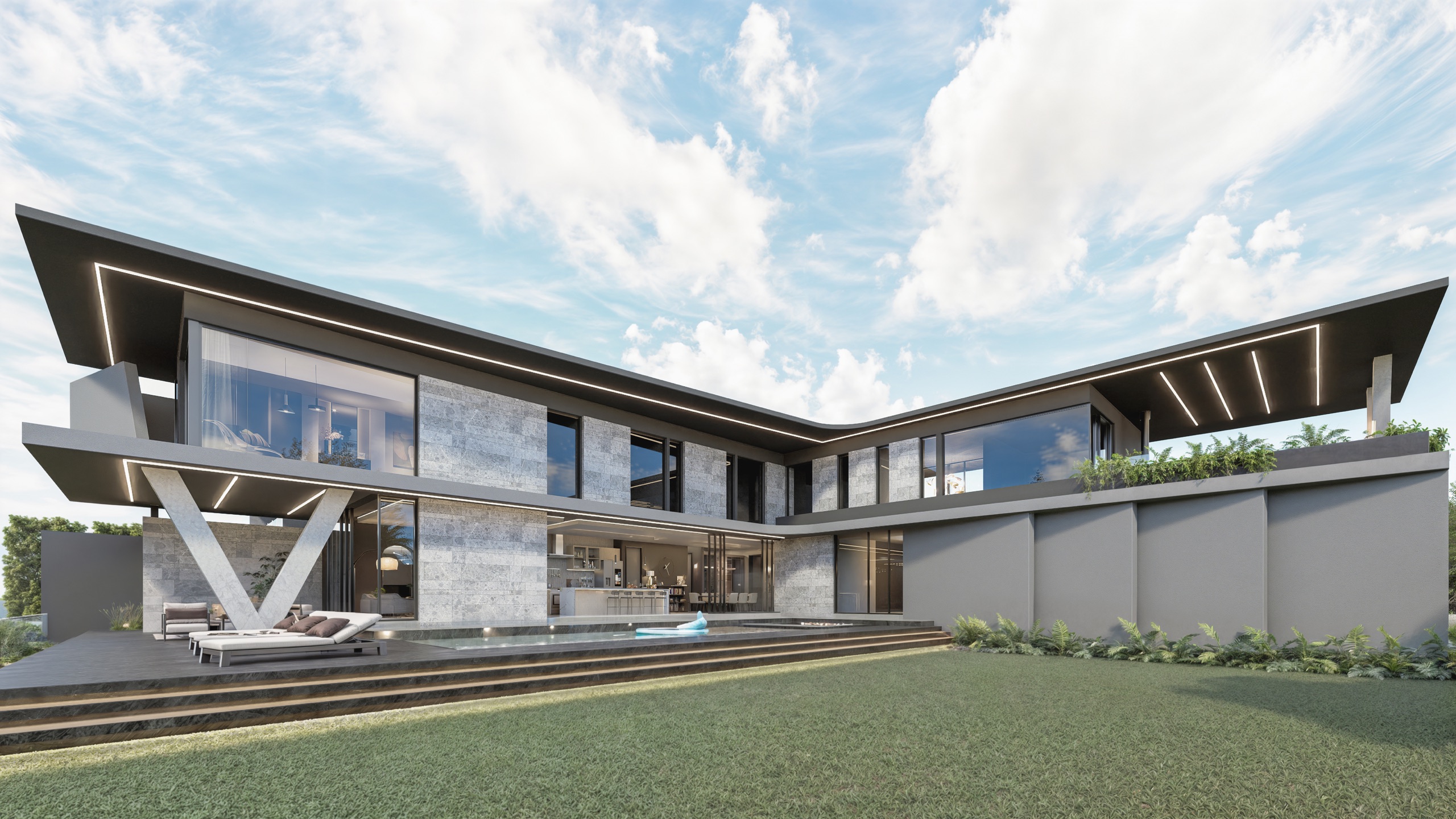 Villa 14 Steyn City, a cantilevered rear elevation over a linear pool and lawn at Steyn City