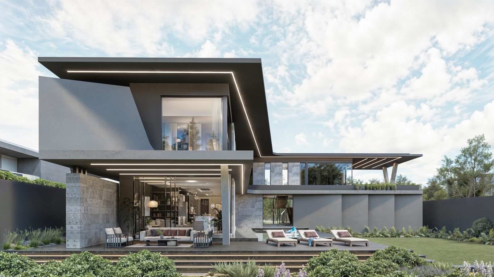 The rear living pavilion, covered lounge and terrace opening to the garden